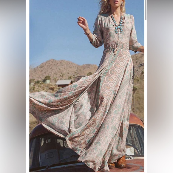 Bohemian Print V-neck Tassel Button Front Chiffon Dress New With Tags Size Small - Picture 6 of 11